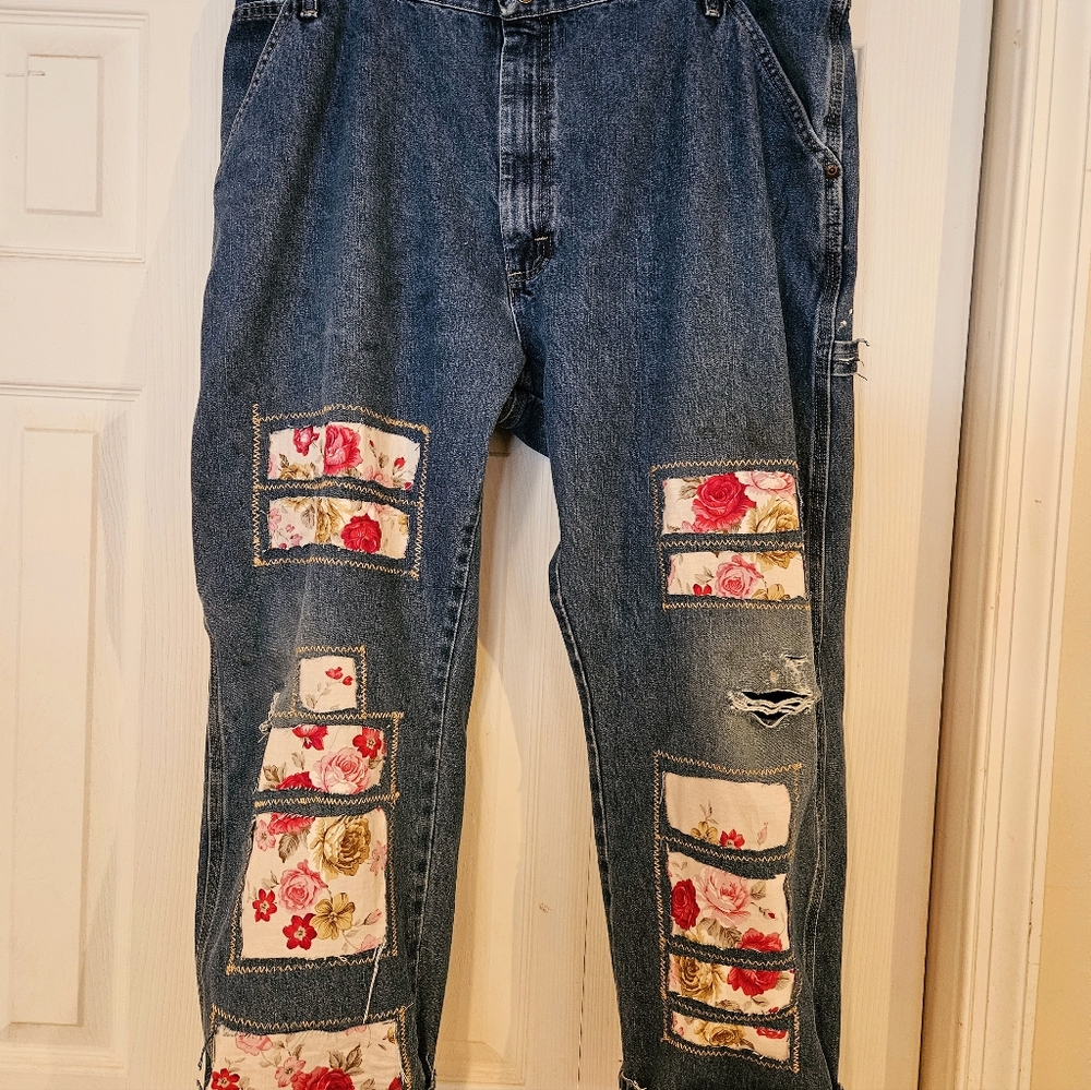 Magnolia Pear Inspired  Overized Jeans with Colorful Patches and Distressed